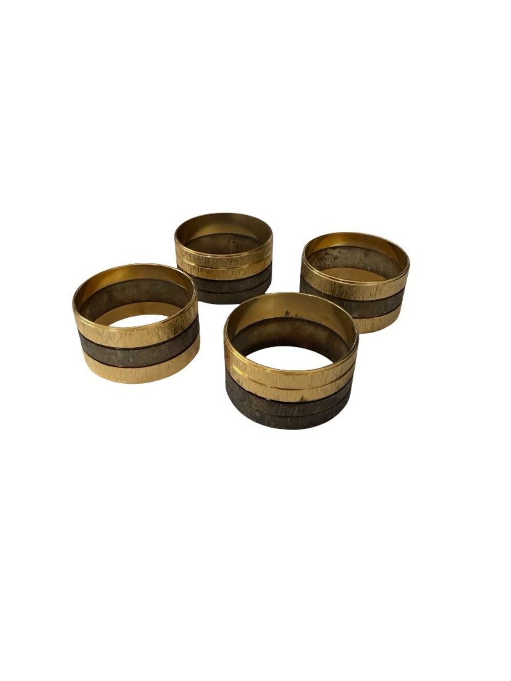 Vintage Set of 4 Two Tone Brass Tone Metal Napkin Rings Textured Striped Design